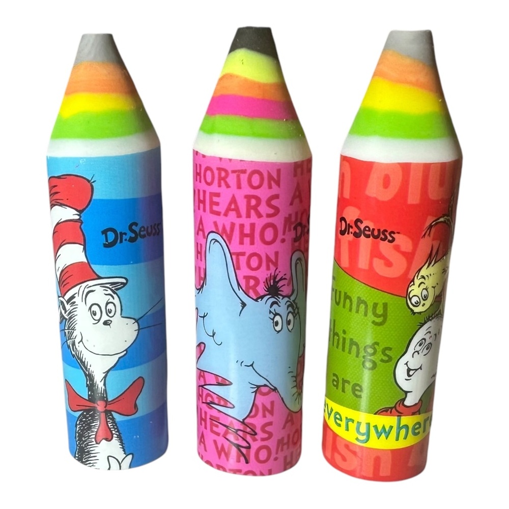 Dr. Seuss 3 Pack Crayon Erasers - Cat in the Hat, Horton, Sallys Brother